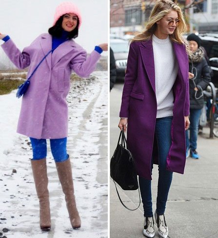 Фиолетовое пальто: с чем носить и фото-обзор